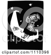 Astronaut And Rocket Near A Crescent Moon In Outer Space Black And White Woodcut