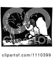 Clipart Neanderthal Warming Up By A Fire In A Cave With Drawings Black And White Woodcut Royalty Free Vector Illustration