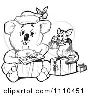 Poster, Art Print Of Black And White Aussie Christmas Koala Opening Presents With A Possum