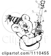 Clipart Black And White Aussie Koala Popping Champagne At A Party Royalty Free Vector Illustration
