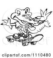 Clipart Black And White Crocodile Skateboarding Royalty Free Vector Illustration
