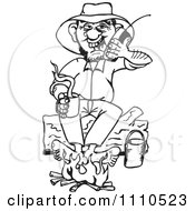 Poster, Art Print Of Black And White Camper Drinking Coffee By A Fire While Talking On A Cell Phone