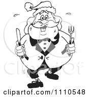 Clipart Black And White Hungry Santa Holding Silverware Royalty Free Vector Illustration