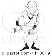 Clipart Black And White Dirty Old Man Holding A Gnome And Grabbing Himself Royalty Free Illustration