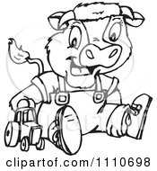 Poster, Art Print Of Black And White Baby Cow Playing With A Tractor Toy