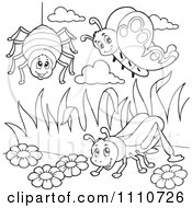 Clipart Outlined Spider Butterfly And Grasshopper Royalty Free Vector Illustration
