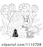 Clipart Outlined Ant By A Hill Royalty Free Vector Illustration