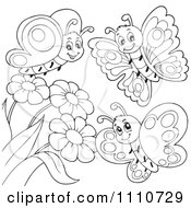 Clipart Outlined Butterflies With Flowers Royalty Free Vector Illustration
