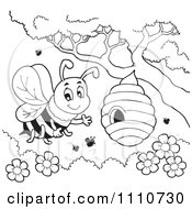 Poster, Art Print Of Outlined Bee Waving By A Hive