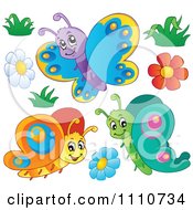Clipart Three Happy Butterflies With Grass And Flowers Royalty Free Vector Illustration