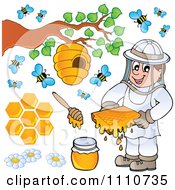 Clipart Bee Keeper With Honey Combs Jar Stick Hive And Bees Royalty Free Vector Illustration by visekart #COLLC1110735-0161