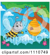 Poster, Art Print Of Friendly Bee Waving By A Hive On A Tree