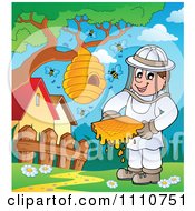Happy Beekeeper Holding Honey By A Hive On A Tree