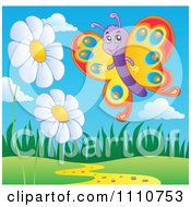 Clipart Happy Butterfly With Daisies Royalty Free Vector Illustration
