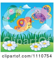 Clipart Three Happy Butterflies Over Daisies Royalty Free Vector Illustration