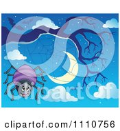 Poster, Art Print Of Happy Spider By His Web On A Bare Tree Against A Crescent Moon With Bats In The Sky