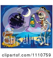 Clipart Booty Treasure Chest With A Skeleton Pirate In A Cave And Ship In The Distance Royalty Free Vector Illustration