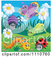 Clipart Happy Spider Butterfly Grasshopper Caterpillar And Ladybug With Flowers And Grass Royalty Free Vector Illustration