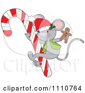 Poster, Art Print Of Cute Christmas Mouse Holding A Gingerbread Man On A Giant Candy Cane
