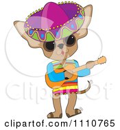 Mexican Chihuahua Dog Wearing A Sombrero And Playing A Guitar