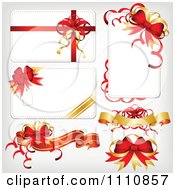 Christmas Cards And Banners With Red And Gold Ribbons And Bows