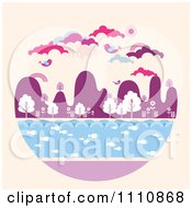 Poster, Art Print Of Circle Landscape With Fish In Water Trees Mountains Birds And Clouds