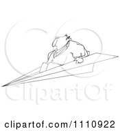 Clipart Outlined Businessman Flying On A Paper Plane Royalty Free Vector Illustration by djart