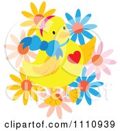 Poster, Art Print Of Happy Chick With A Heart Bow And Flowers