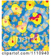 Poster, Art Print Of Seamless Pattern Background Of Chicks And Flowers On Blue