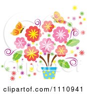 Poster, Art Print Of Spring Flowers In A Pot And Butterflies