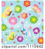 Poster, Art Print Of Seamless Pattern Background Of Spring Flowers And Butterflies On Blue