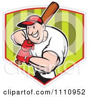 Clipart Happy Baseball Player Batting Over A Shield 2 Royalty Free Vector Illustration
