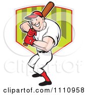 Clipart Happy Baseball Player Batting Over A Shield 1 Royalty Free Vector Illustration