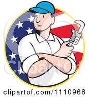 Poster, Art Print Of Retro Plumber Holding A Monkey Wrench Over An American Flag Circle