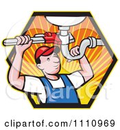 Retro Plumber Working On A Sink Pipe In A Hexagon Of Rays