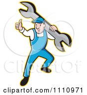 Clipart Retro Plumber Holding A Thumb Up And Carrying A Wrench Royalty Free Vector Illustration