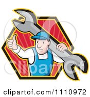 Clipart Retro Plumber Holding A Thumb Up And Wrench In A Hexagon Royalty Free Vector Illustration