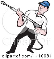 Poster, Art Print Of Retro Pressure Washer Worker Holding A Nozzle