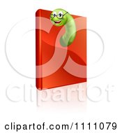 Clipart Green Worm Wearing Glasses And Poking Out Of A Red Book With A Reflection Royalty Free Vector Illustration by AtStockIllustration