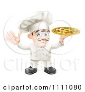 Clipart Happy Italian Chef Waving And Holding Up A Pizza Pie Royalty Free Vector Illustration