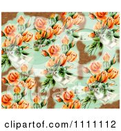 Poster, Art Print Of Collage Pattern Of Peach Victorian Roses And Bronze Leaf