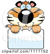 Poster, Art Print Of Cute Happy Tiger Cub Over A Sign