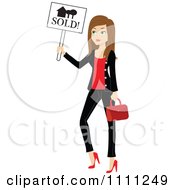 Clipart Stylish Brunette Real Estate Agent Holding A Sold Sign Royalty Free Vector Illustration by Rosie Piter #COLLC1111249-0023