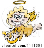 Poster, Art Print Of Grinning Blond Female Angel Holding A Lyre