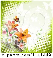 Clipart Background Of Lilies Light Butterflies And Halftone Royalty Free Vector Illustration
