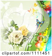 Background Of Yellow And White Roses Butterflies And A Rainbow 1
