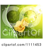 Poster, Art Print Of Background Of Yellow Roses Dew And Butterflies On Green