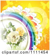 Poster, Art Print Of Background Of Yellow And White Roses Butterflies And A Rainbow 2