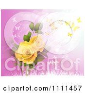 Poster, Art Print Of Background Of Yellow Roses And Butterflies On Pink