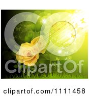Poster, Art Print Of Background Of Yellow Roses And Butterflies On Green